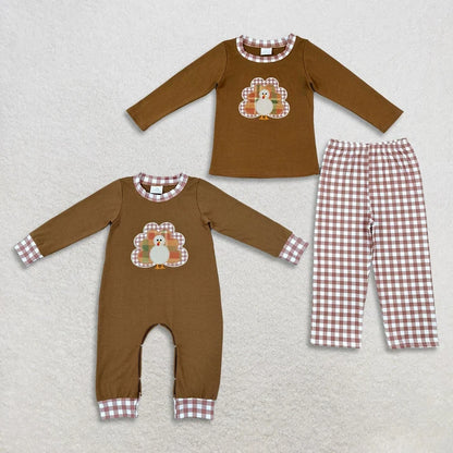 Sibling Baby Boys Embroidery Turkey Checked Pant Thanksgiving Set Pant Rompers