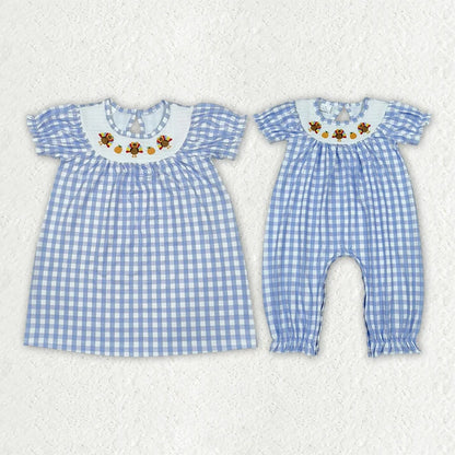 Sibling Baby Girls Smocked Pumpkin Turkey Blue Checked Thanksgivings Dress Rompers