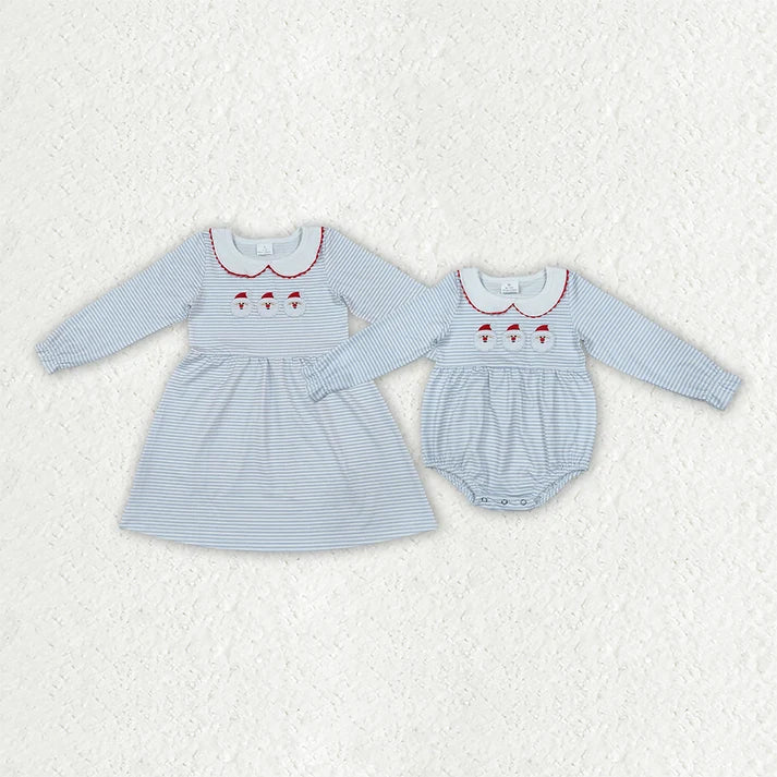 Sibling Baby Girls Embroidery Santa Blue Stripe Christmas Knee Length Dress Rompers