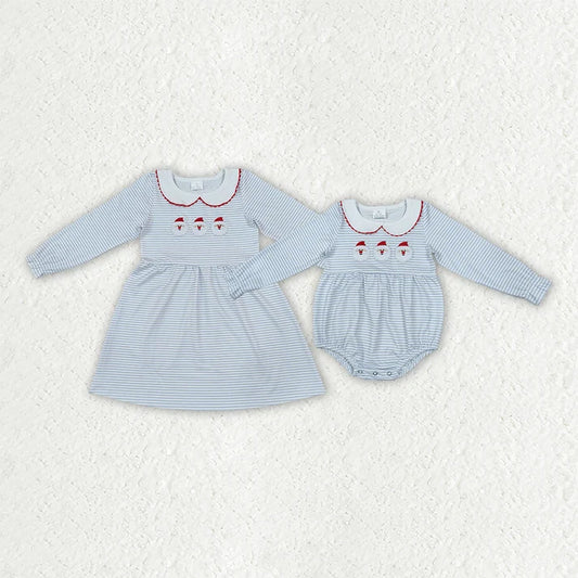 Sibling Baby Girls Embroidery Santa Blue Stripe Christmas Knee Length Dress Rompers