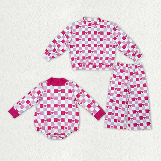 Sibling Baby Girls Pink Checked Hearts Mock Neck Top Pockets Flare Pant Valentines Set Rompers