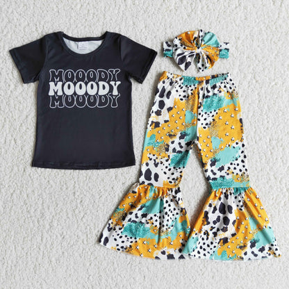 Baby Girls Clothes Short Sleeve Bell Pants Sets with Bow E8-3