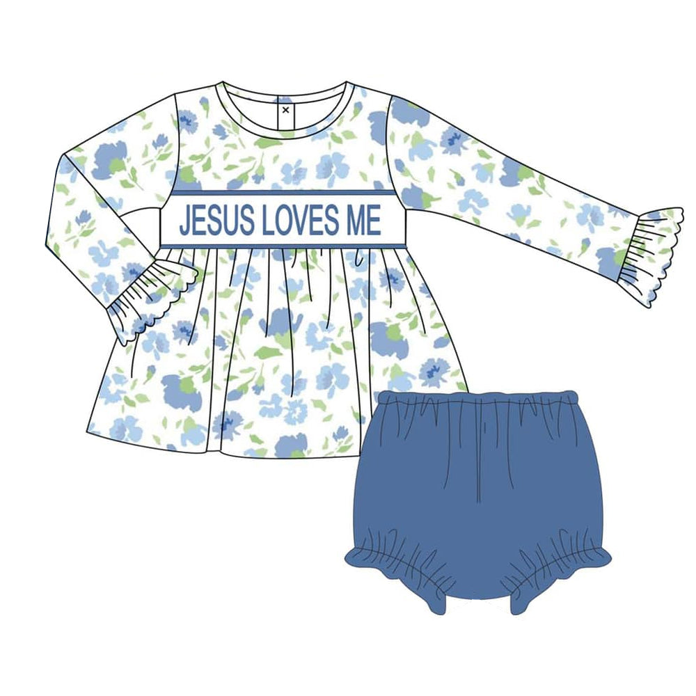 Baby Girls Clothes Flowers Jesus Loves Me Top Bummies Sets Preorder GBO0435