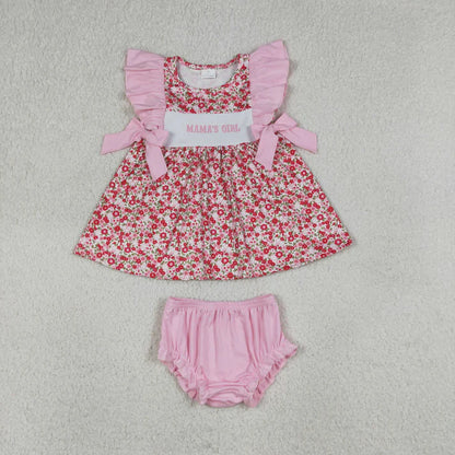 Sibling Embroidery Mama's Girl Flowers Tunic Ruffle Bummies Short Clothes Set Rompers
