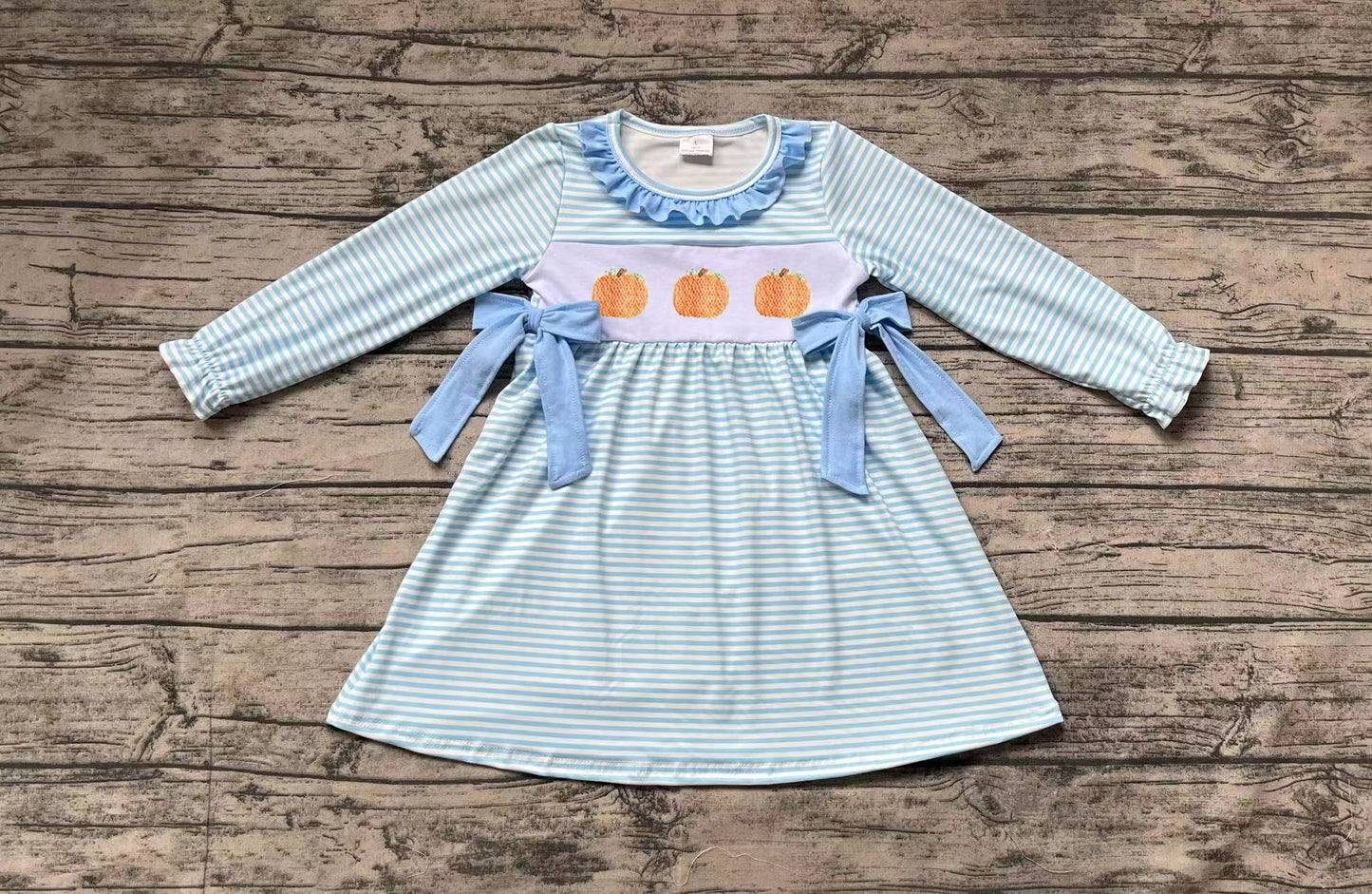 Baby Girls Dress Blue Stripes Pumpkin Bows Knee Length Dresses Preorder GLD0614