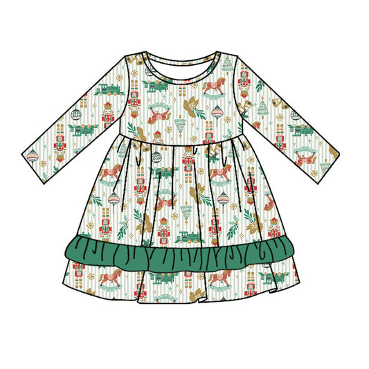 Baby Girls Dress Christmas Soldier Green Stripes Ruffle Knee Length Dresses Preorder GLD0695