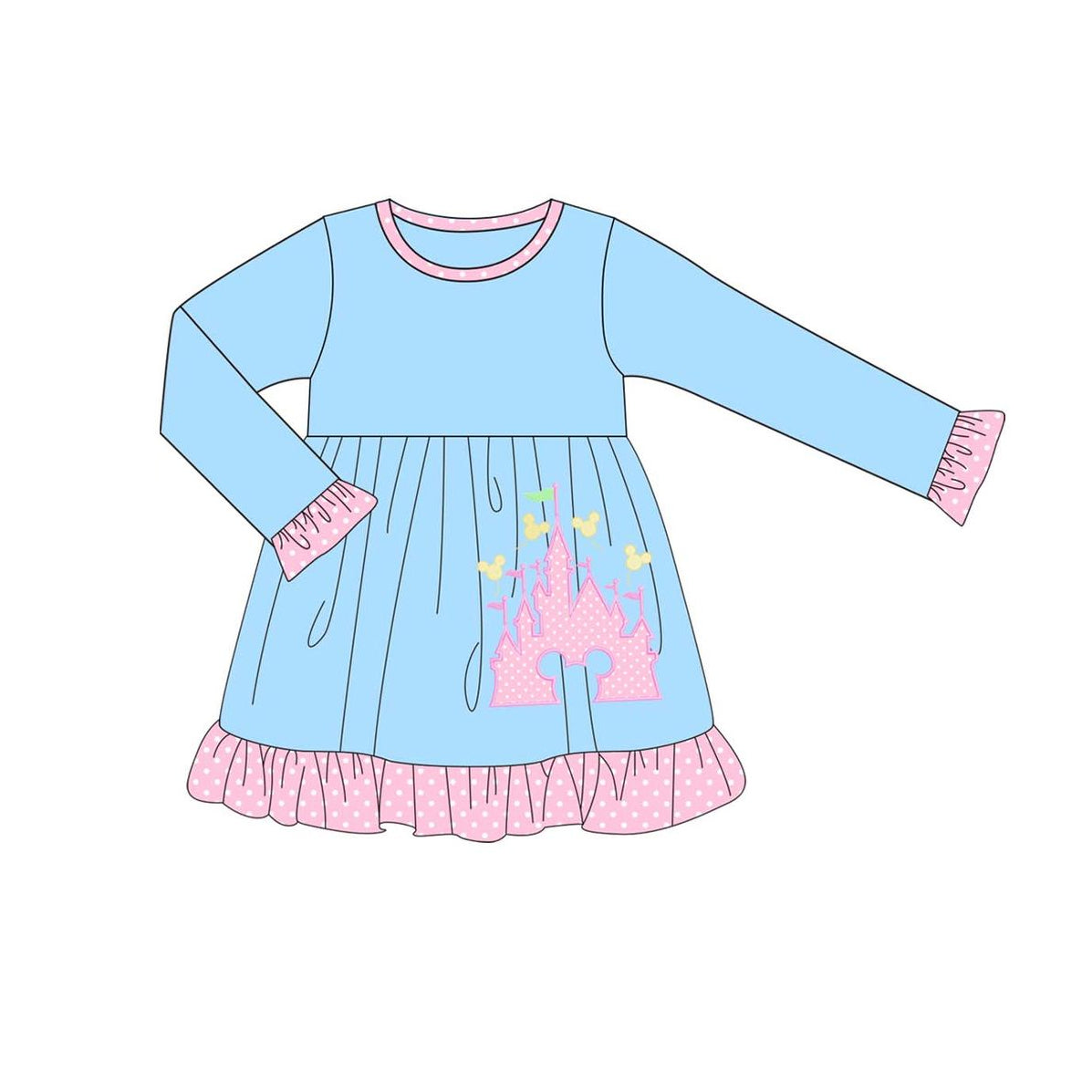 Baby Girls Dress Blue Castle Cartoon Ruffle Knee Length Dresses Preorder GLD0743