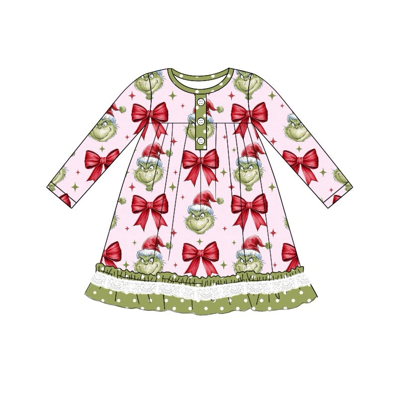 Baby Girls Dress Christmas Green Bows Ruffle Knee Length Dresses Preorder GLD0756