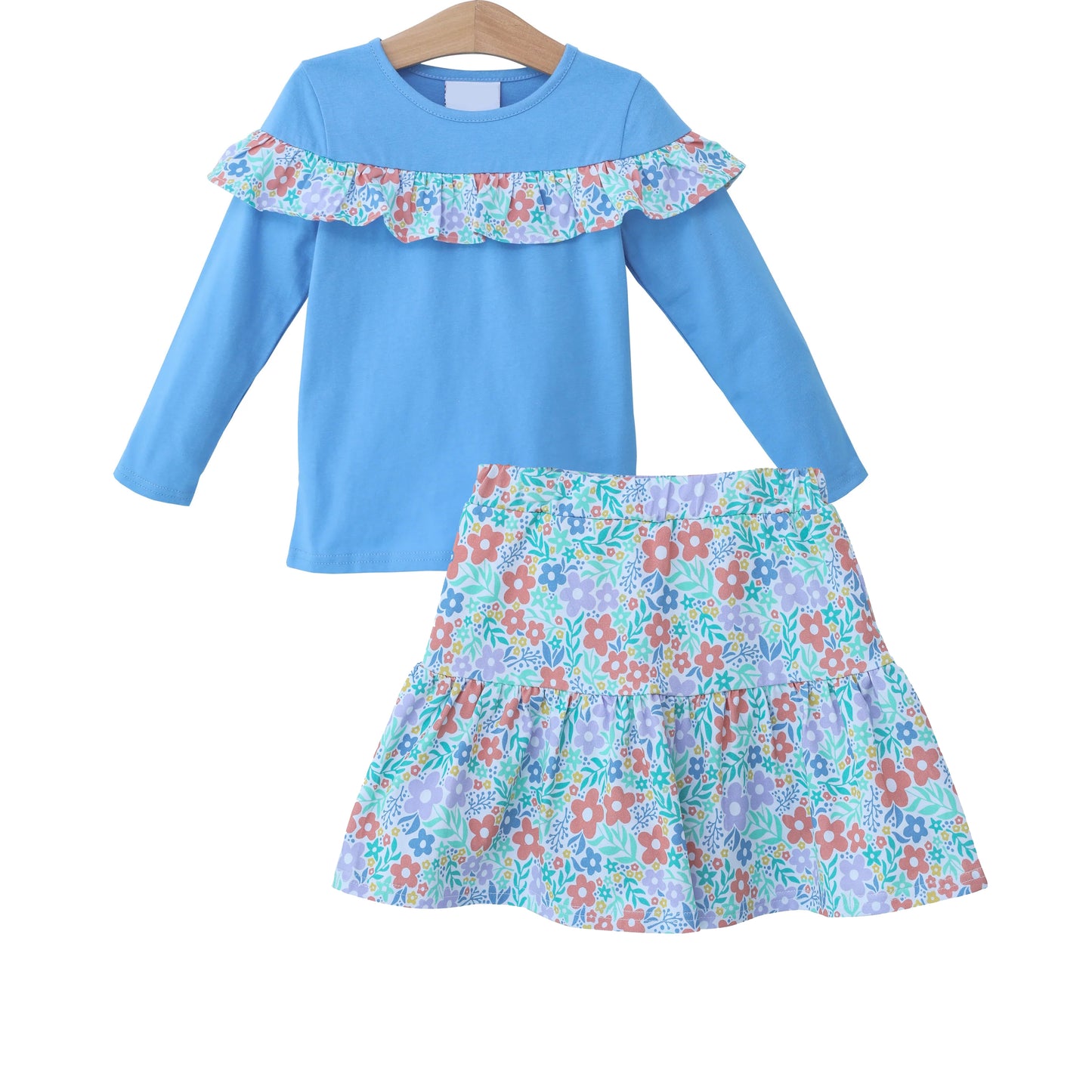 Baby Girls Clothes Blue Ruffle Shirt Small Flowers Skirt Clothes Sets Preorder GLD0777