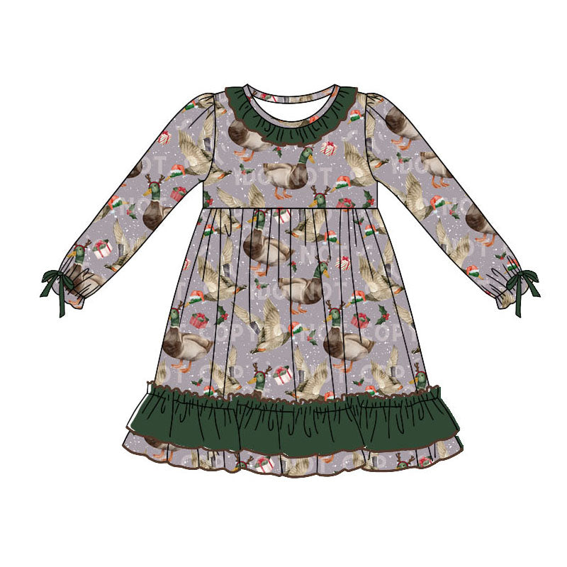 Baby Girls Dress Christmas Mallard Ducks Ruffle Knee Length Dresses Preorder GLD0778