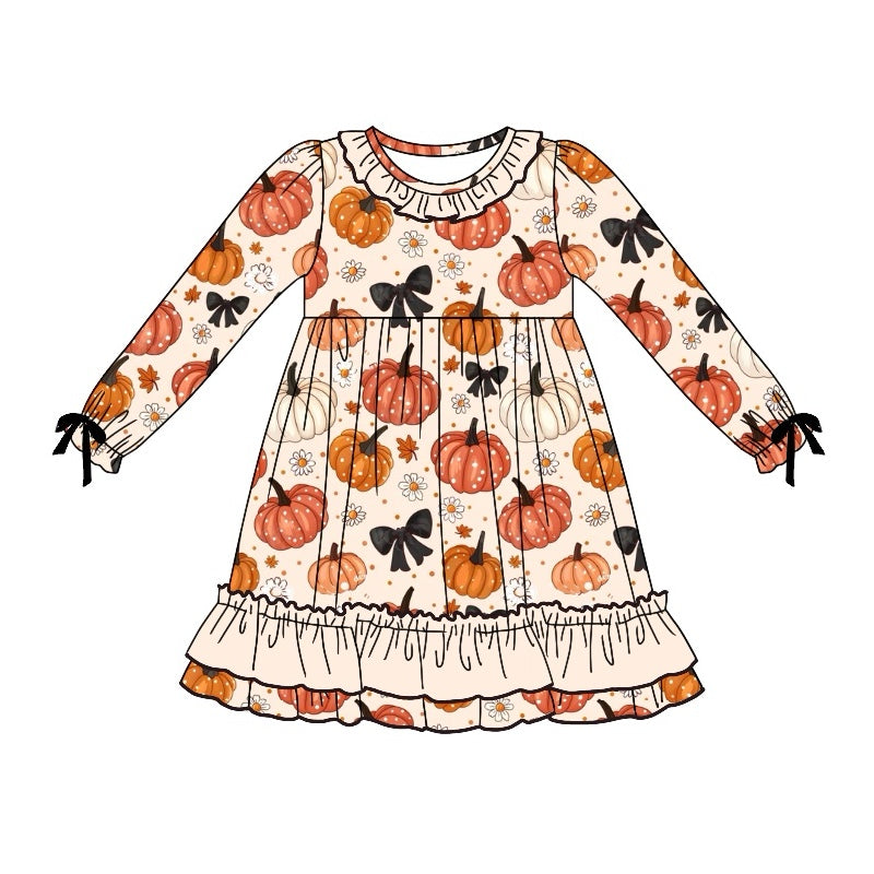 Baby Girls Dress Fall Bows Pumpkins Ruffle Knee Length Dresses Preorder GLD0781