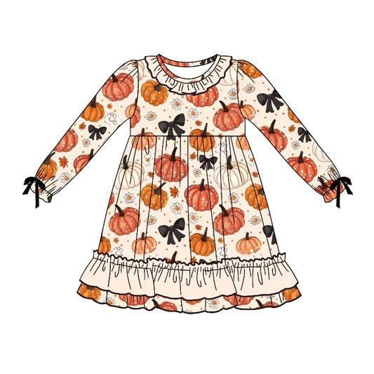 Baby Girls Dress Fall Bows Pumpkins Ruffle Knee Length Dresses Preorder GLD0781