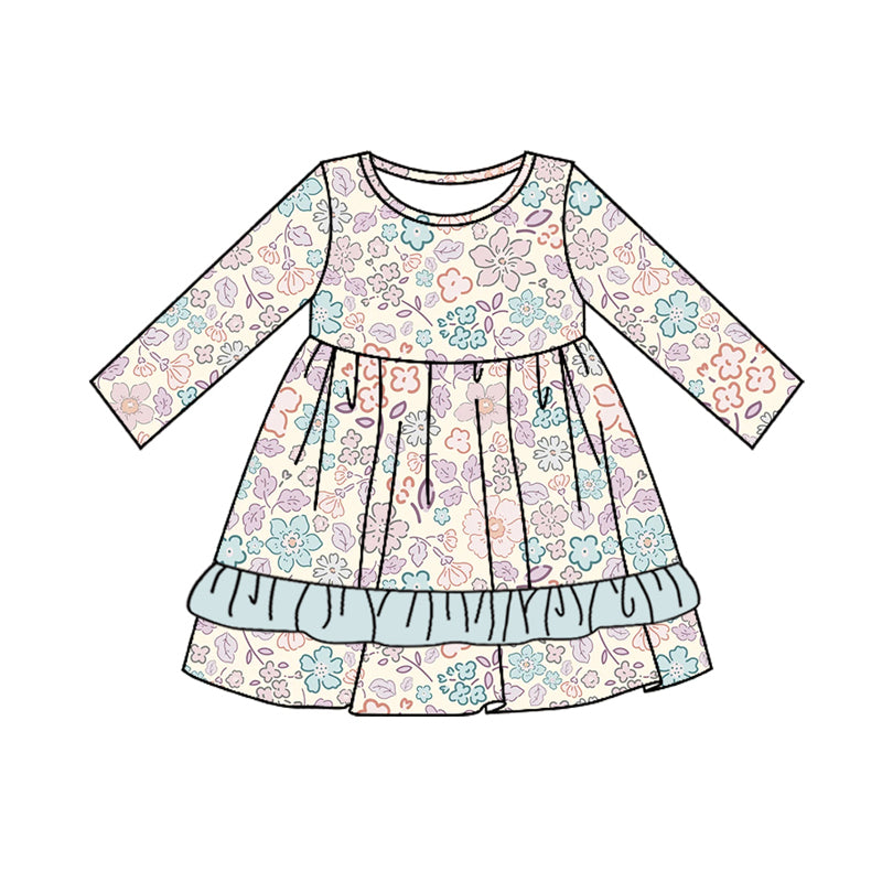 Baby Girls Dress Pink Blue Flowers Knee Length Dress Preorder GLD0783