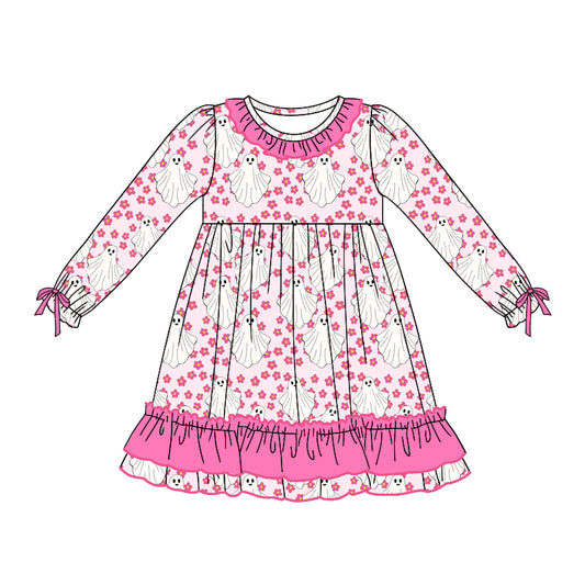 Baby Girls Dress Halloween Pink Flowers Ghost Knee Length Dresses Preorder GLD0790