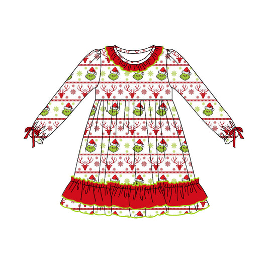 Baby Girls Dress Christmas Deers Ruffle Knee Length Dresses Preorder GLD0796