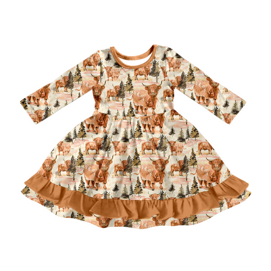 Baby Girls Dress Western Highland Cow Ruffle Knee Length Dresses Preorder GLD0798