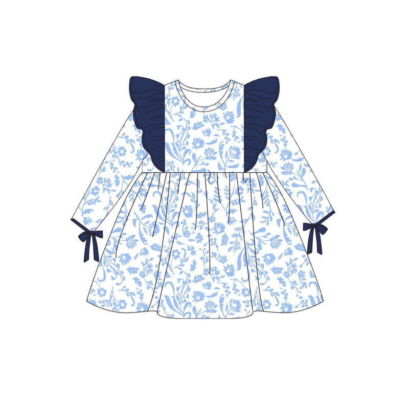 Baby Girls Dress Blue Flowers Ruffle Knee Length Dresses preorder GLD0836