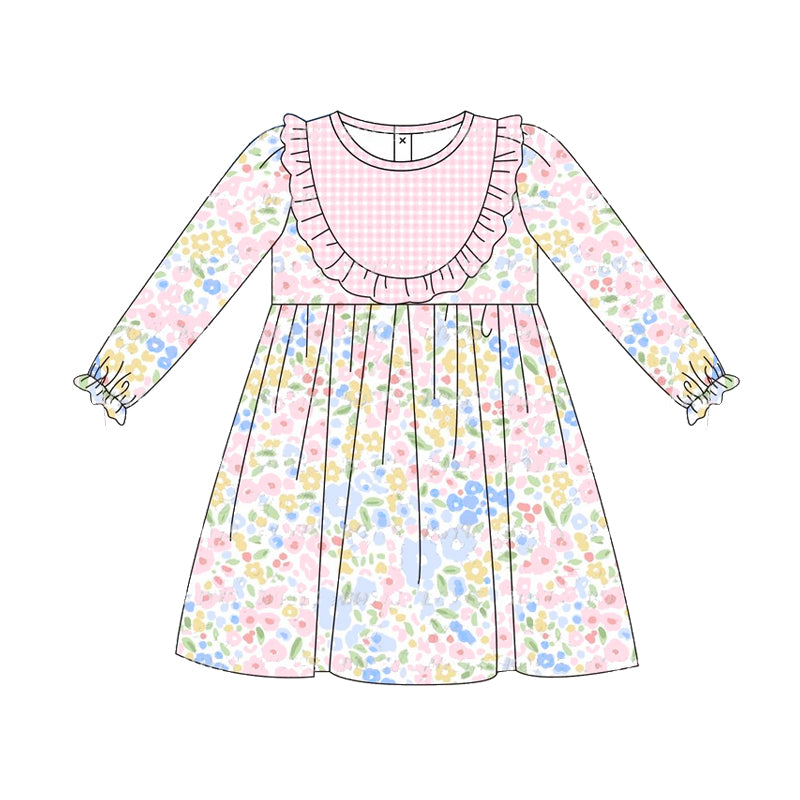 Baby Girls Dress Pink Blue Flowers Ruffle Knee Length Dresses preorder GLD0841