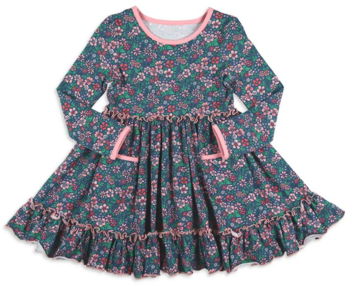 Baby Girls Dress Pink Navy Small Flowers Pockets Ruffle Knee Length Dresses Preorder GLD0844