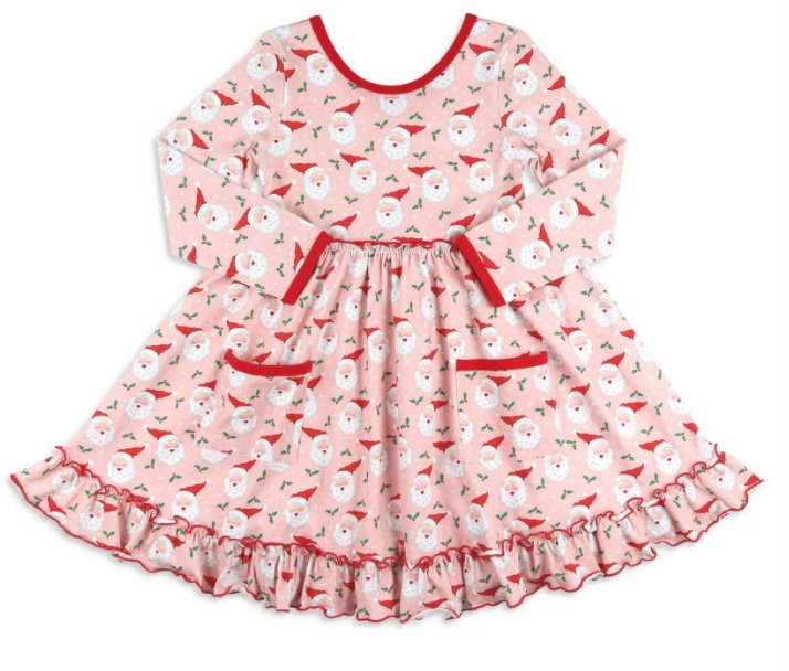 Baby Girls Dress Pink Christmas Santa Claus Pockets Ruffle Knee Length Dresses Preorder GLD0846