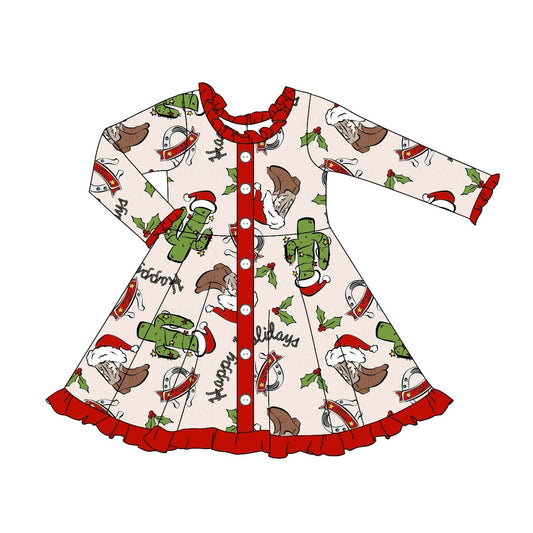 Baby Girls Dress Christmas Western Cactus Boots Knee Length Dresses Preorder GLD0904