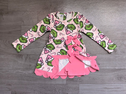 Baby Girls Green Frogs Candy Cane Christmas Yoga Active Short Bows Scallop Dress Preorder GLD1651