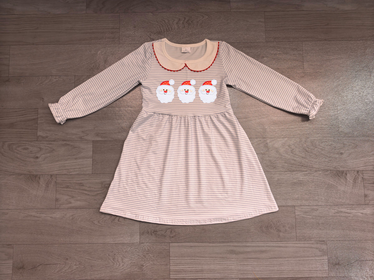 Baby Girls Dress Embroidery Santa Blue Stripe Collar Christmas Knee Length Dress Preorder GLD1673