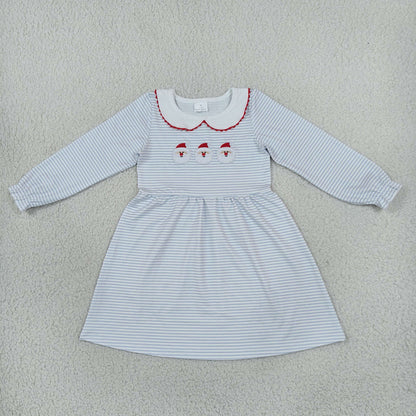 Sibling Baby Girls Embroidery Santa Blue Stripe Christmas Knee Length Dress Rompers