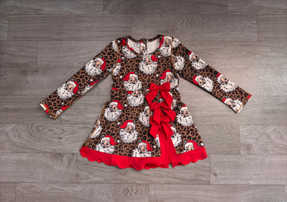 Baby Girls Leopard Santa Short Christmas Bows Scallop Yoga Active Knee Length Dress Preorder GLD1679