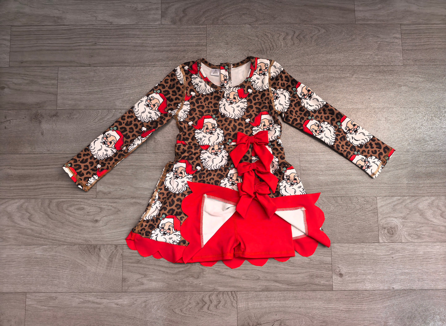 Baby Girls Leopard Santa Short Christmas Bows Scallop Yoga Active Knee Length Dress Preorder GLD1679