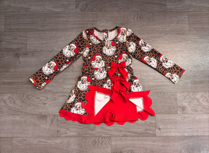 Baby Girls Leopard Santa Short Christmas Bows Scallop Yoga Active Knee Length Dress Preorder GLD1679
