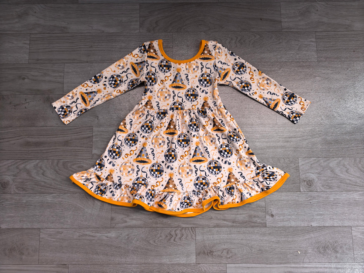 Baby Girls Dress Stars Lights Happy New Year Ruffle Knee Length Dress Preorder GLD1723