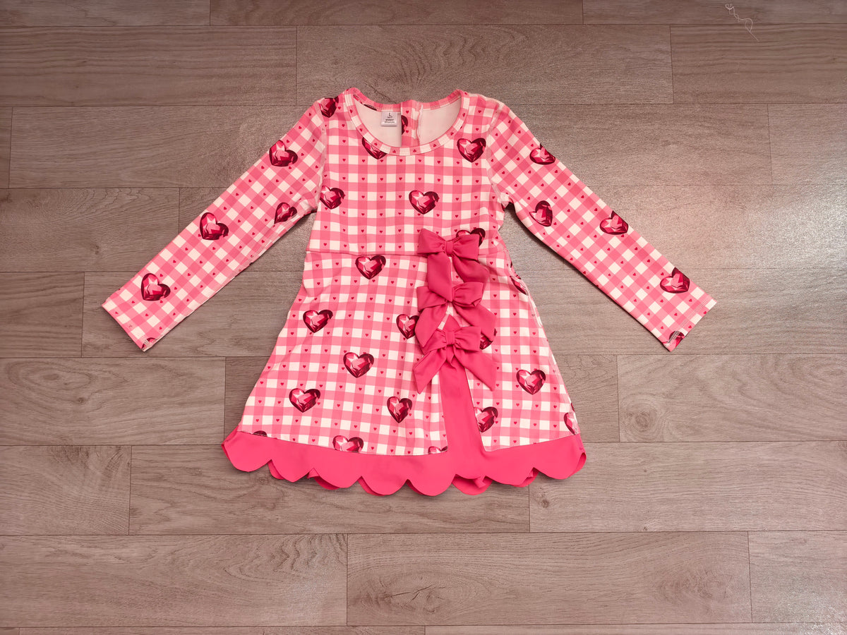 Baby Girls Dress Hearts Valentines Yoga Active Short Bows Scallop Knee Length Dress Preorder GLD1750