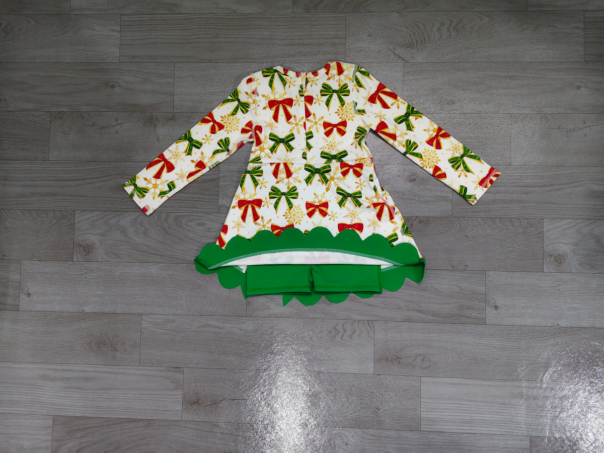 Baby Girls Dress Green Red Bows Christmas Yoga Active Short Scallop Knee Length Dress Preorder GLD1781