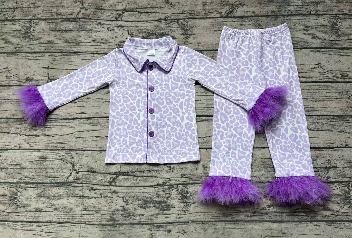 Baby Girls Pajamas Lavender Leopard Buttons Top Pants Fur Pajamas Sets Preorder GLP1259