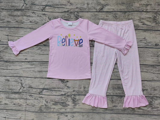 Baby Girls Pajamas Pink Christmas Believe Top Ruffle Pants Sets Preorder GLP1300