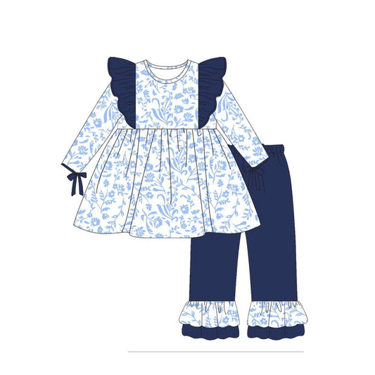 Baby Girls Clothes Blue Flowers Tunic Top Ruffle Pants Sets preorder GLP1406