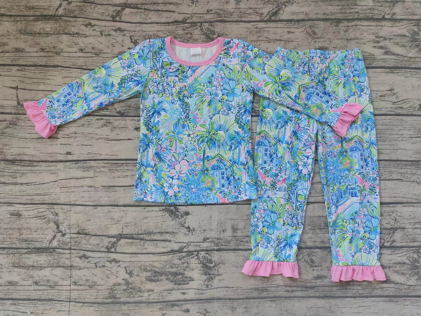 Baby Girls Pajamas Blue Flowers House Top Pants Pajamas Sets Preorder GLP1481