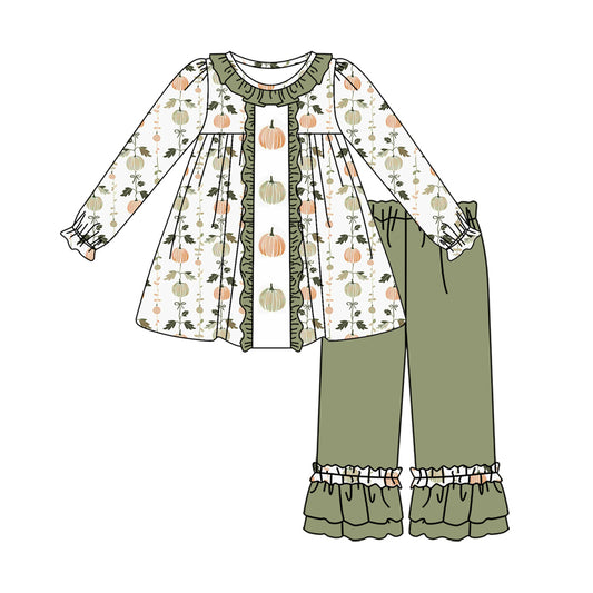 Baby Girls Clothes Fall Green Pumpkin Top Ruffle Pants Outfits Preorder GLP1499