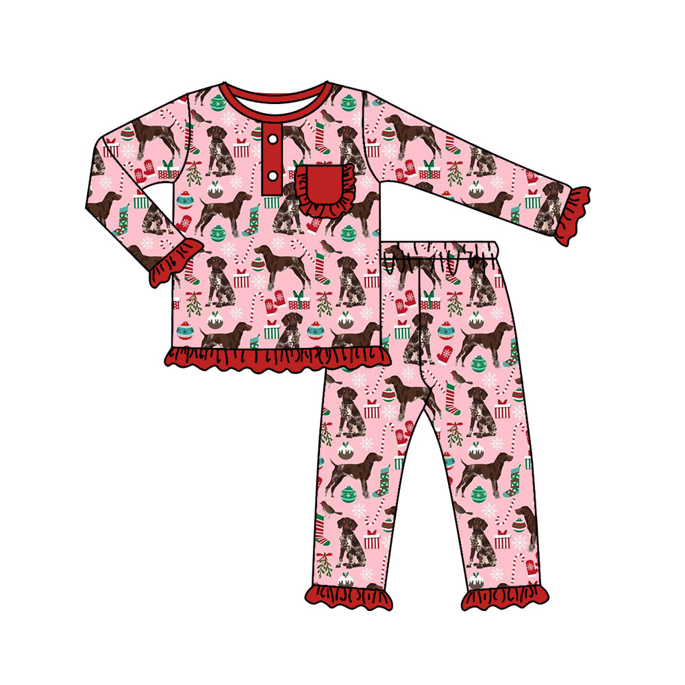 Baby Girls Pajamas Christmas Dogs Red Tee Shirt Pants Pajamas Sets Preorder GLP1522