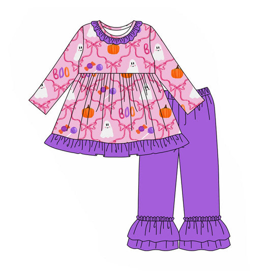 Baby Girls Clothes Halloween Ghost Bows Tunic Top Ruffle Pants Sets Preorder GLP1533