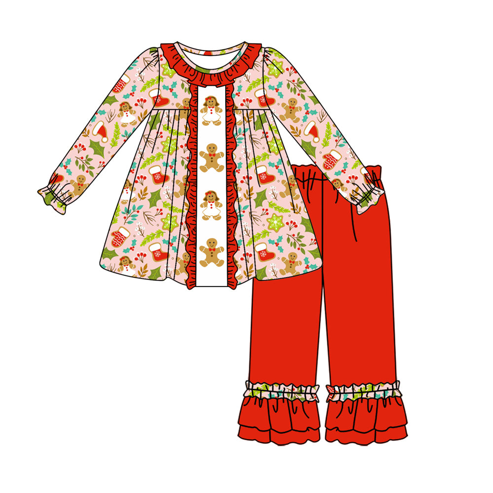 Baby Girls Clothes Christmas Gingerbread Tunic Tops Ruffle Pants Clothes Sets Preorder GLP1545