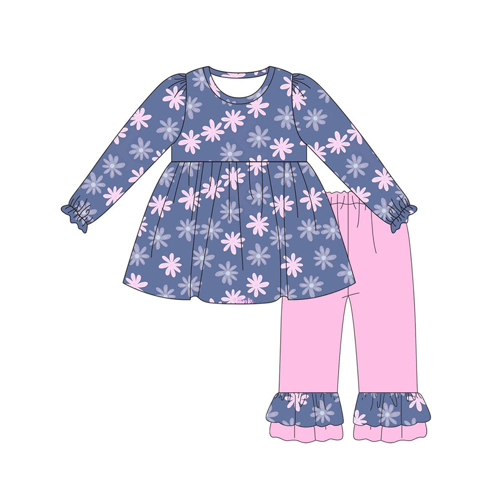 Baby Girls Clothes Pink Flowers Tunic Top Ruffle Pants Sets Preorder GLP1560