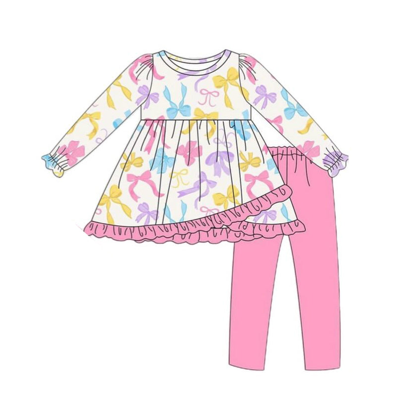 Baby Girls Clothes Colorful Bows Ruffle Tunic Top Legging Clothes Sets Preorder GLP1561