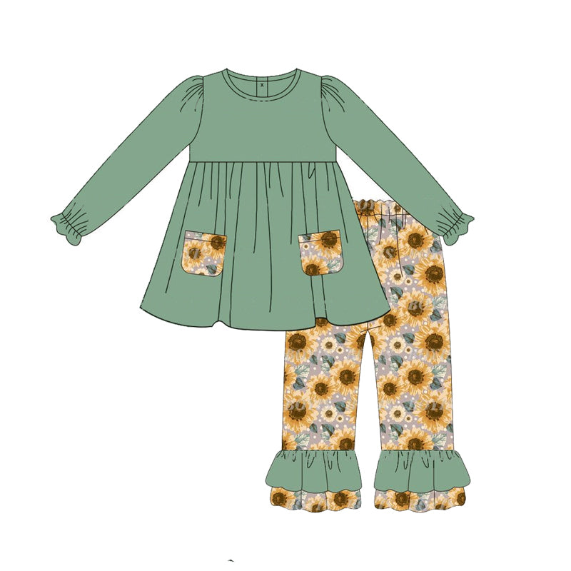 Baby Girls Clothes Green Pockets Tunic Top Sunflowers Ruffle Pants Sets Preorder GLP1612