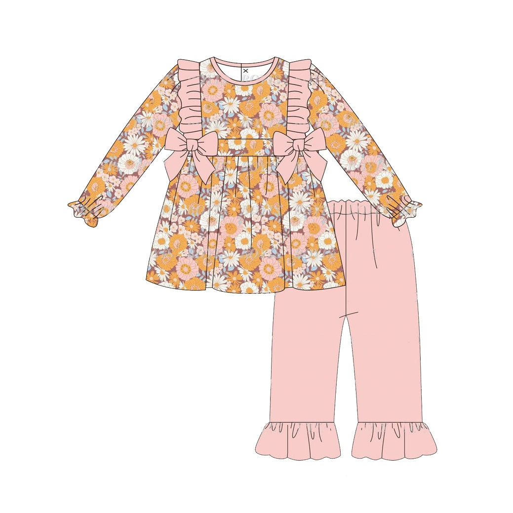 Baby Girls Clothes Pink Bows Flowers Tunic Top Ruffle Pants Sets Preorder GLP1613