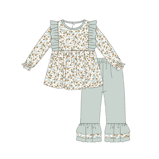 Baby Girls Clothes Green Small Flowers Tunic Top Ruffle Pants Sets Preorder GLP1614