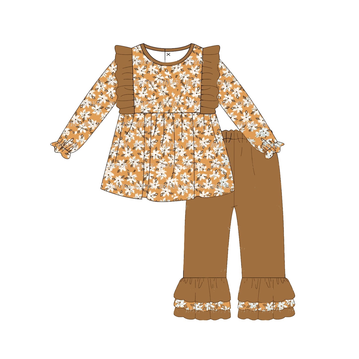 Baby Girls Clothes Brown Small Flowers Tunic Top Ruffle Pants Sets Preorder GLP1615