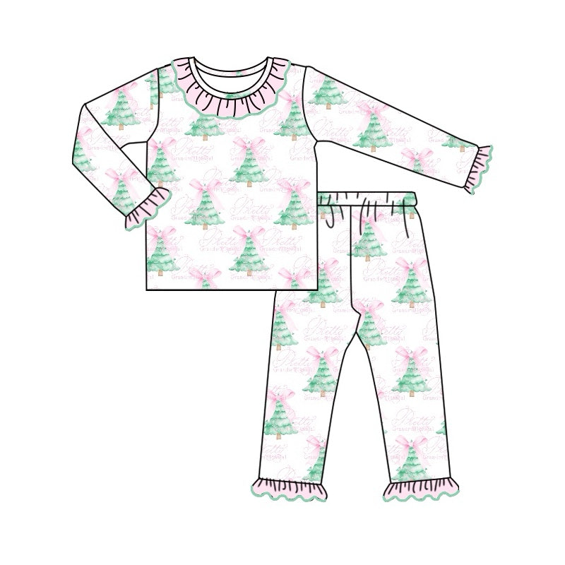 Baby Girls Pajamas Christmas Tree Bows Shirt Pants Pajamas Sets Preorder GLP1630