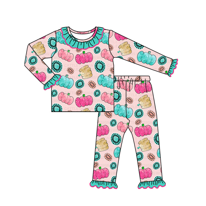 Baby Girls Pajamas Colorful Pumpkins Turquoise Top Pants Pajamas Sets Preorder GLP1636